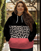 Women's Plus Casual Colorblock Leopard Print Long-sleeved Hoodie